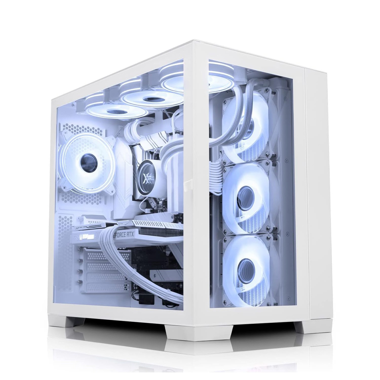 A clean white custom water-cooled gaming PC with RGB fans on a white background