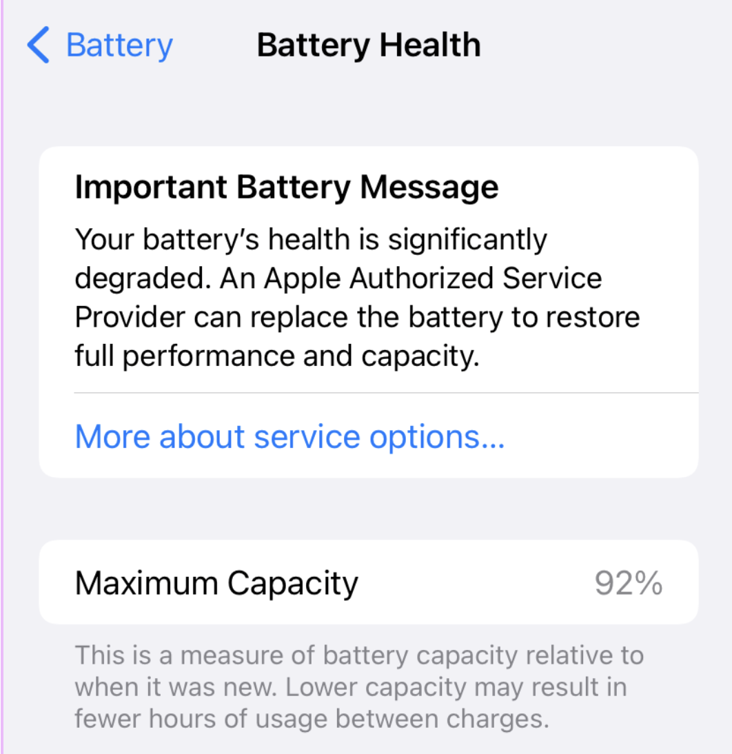The iOS Battery Health settings screen showing maximum capacity