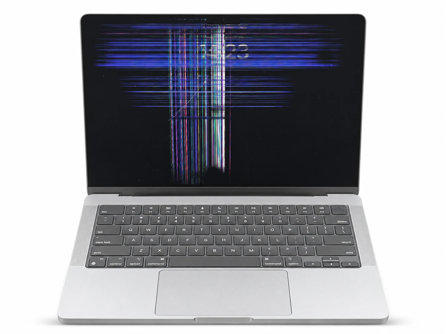 A silver MacBook with a shattered display showing vertical panel damage